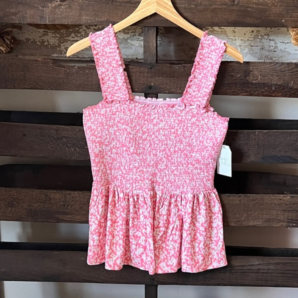🟠NWT TIME AND TRU Smocked Peplum Tank Top in Coral Rose SMALL